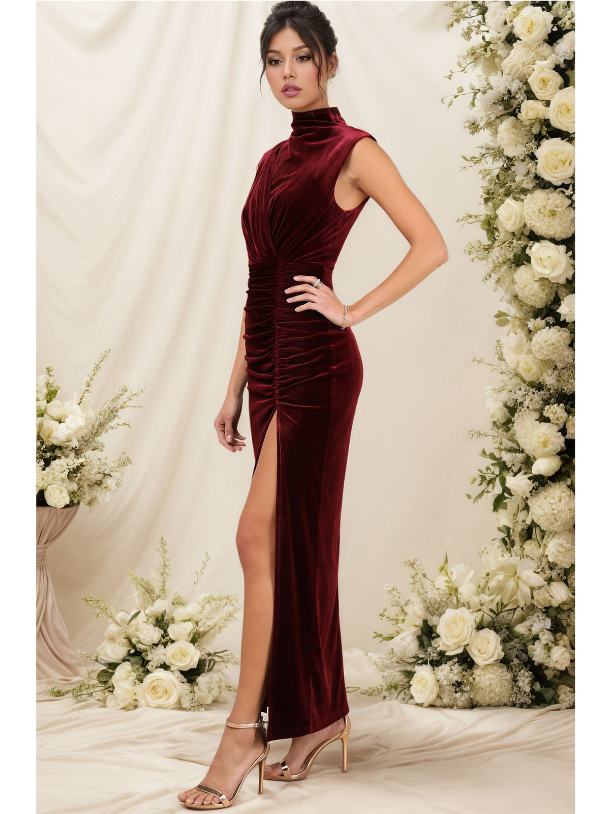 Burgundy velvet sleeveless bodycon evening dress with stand collar and side slit.