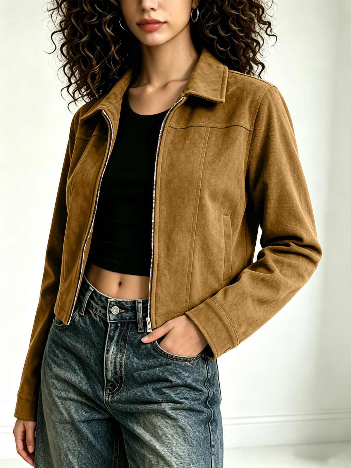 Women's tan retro lapel jacket with zip front and flap chest pockets