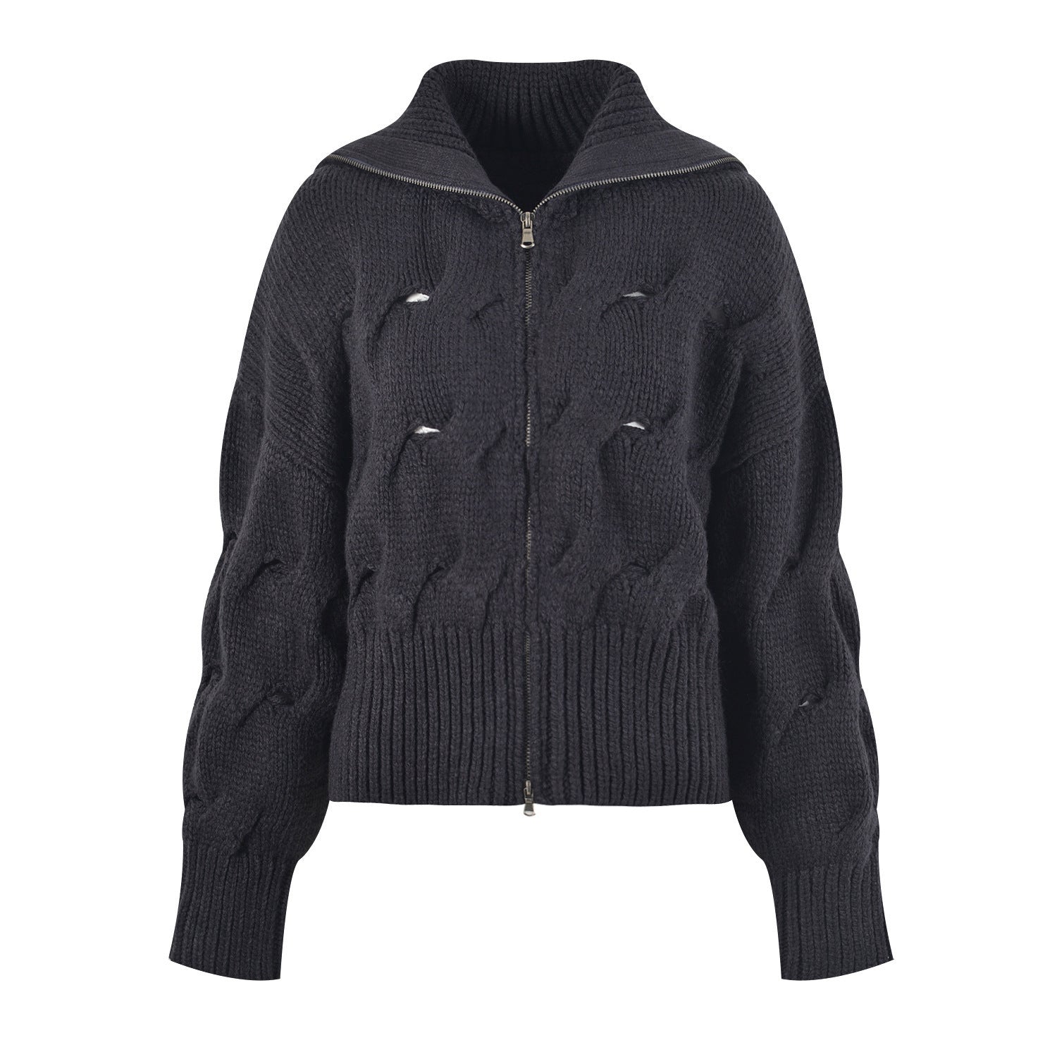 Cable Knit Zip Up Cardigan for Women — Cropped Funnel Neck Style in Wool Blend