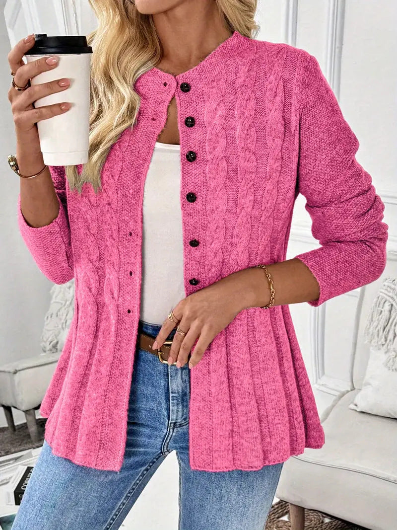 Cable Knit Cardigan for Women — Button Front with Flared Peplum Hem in Soft Wool