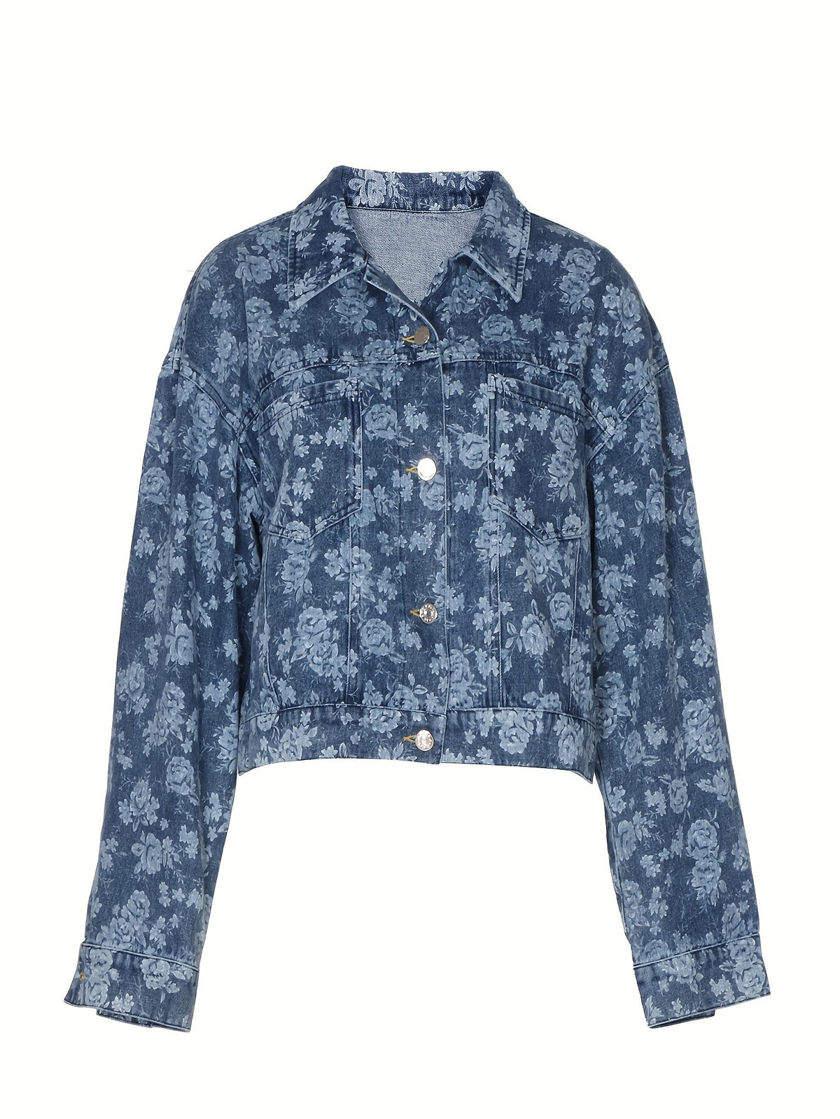 Cropped blue floral denim jacket with pointed collar and button front