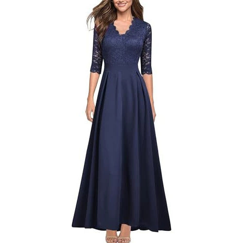 Dark blue lace long dress with 3/4 sleeves, V-neck, fitted waist, full skirt.
