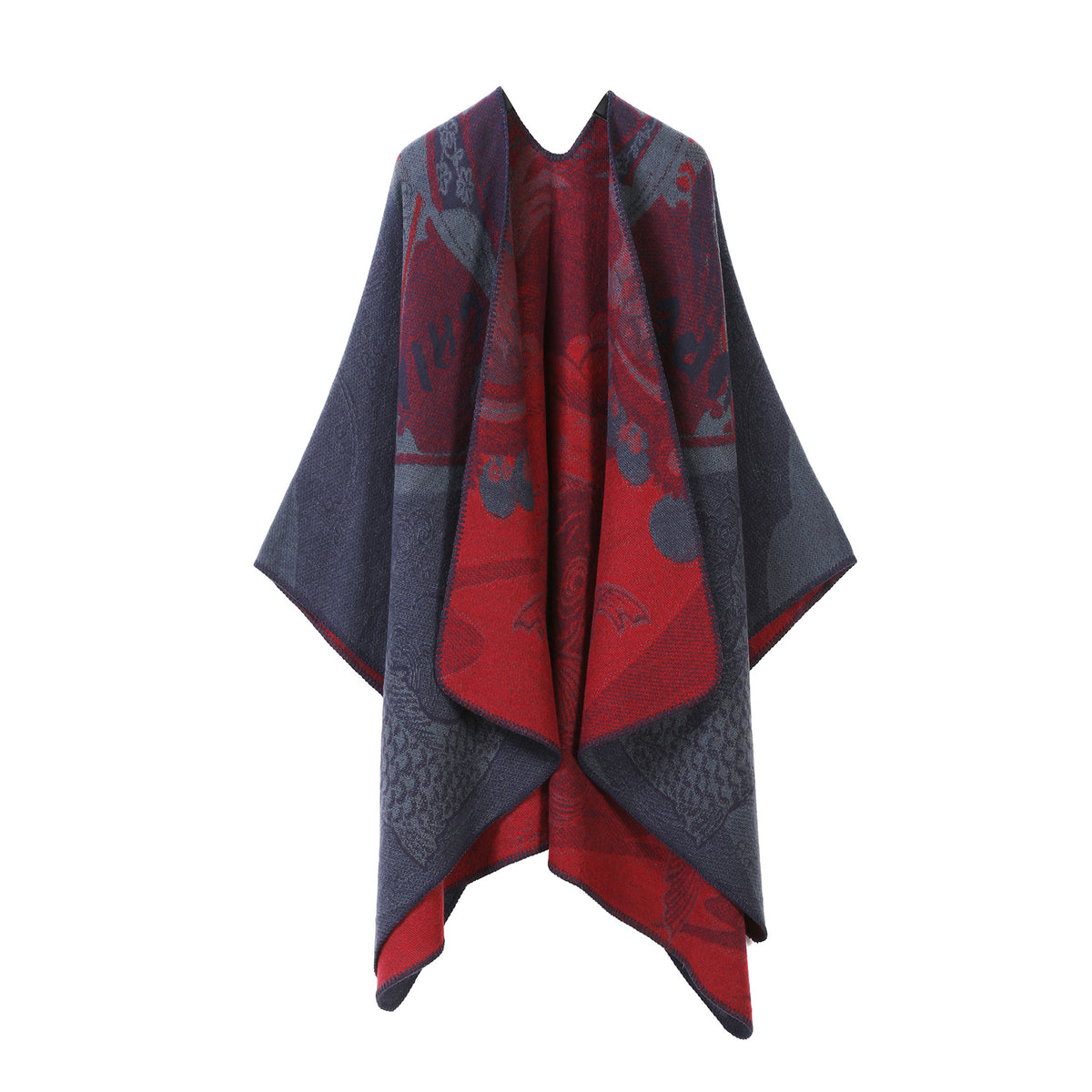 Navy blue and burgundy red patterned double-sided split cape shawl