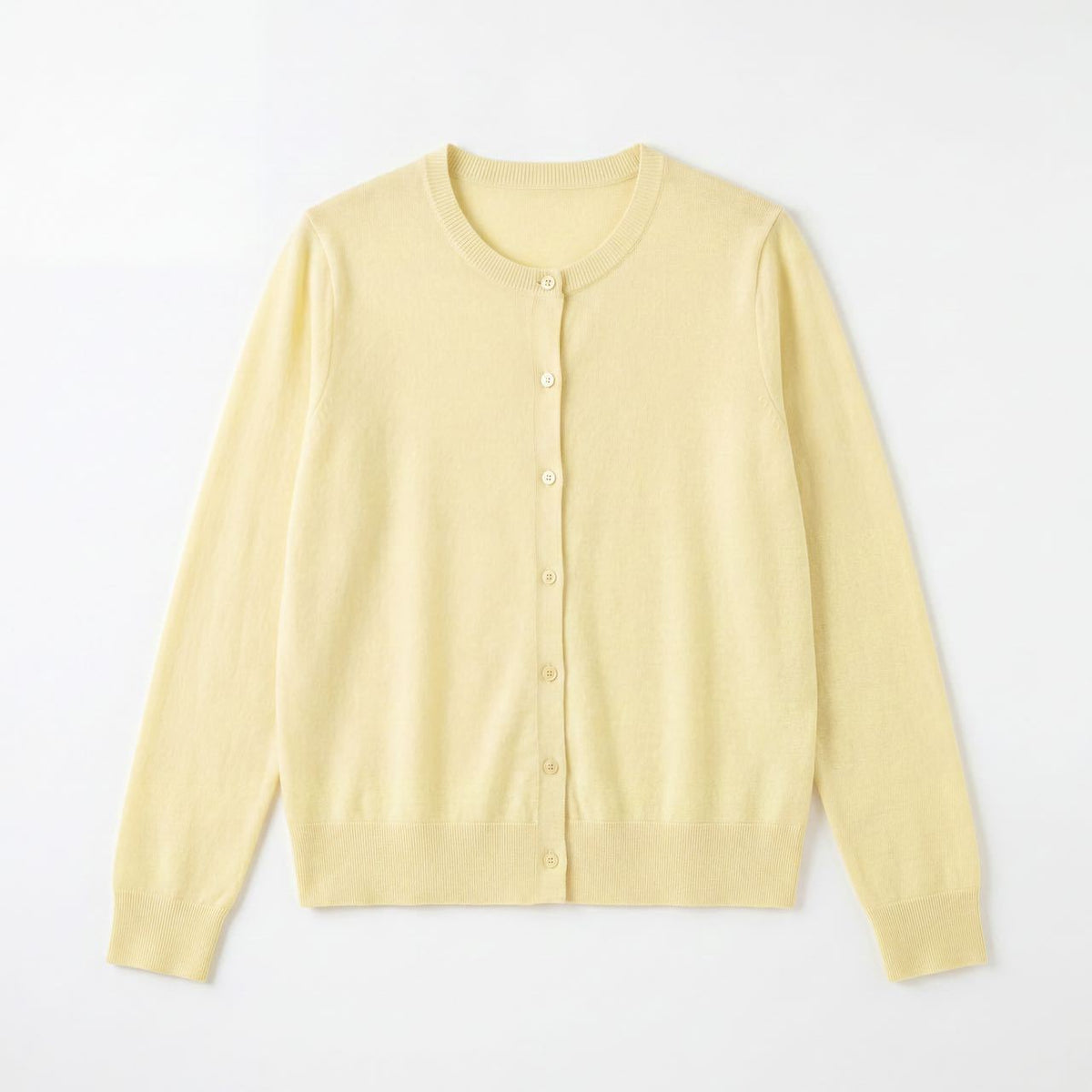 Women’s round-neck wool cardigan, pale yellow, button-front knit with long sleeves