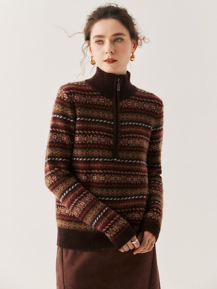Women's Fair Isle knit sweater coat, dark stand collar, front zipper, striped pattern