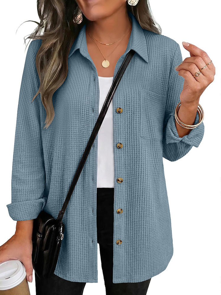 Women's waffle-knit button-up shirt, long sleeves, mist blue
