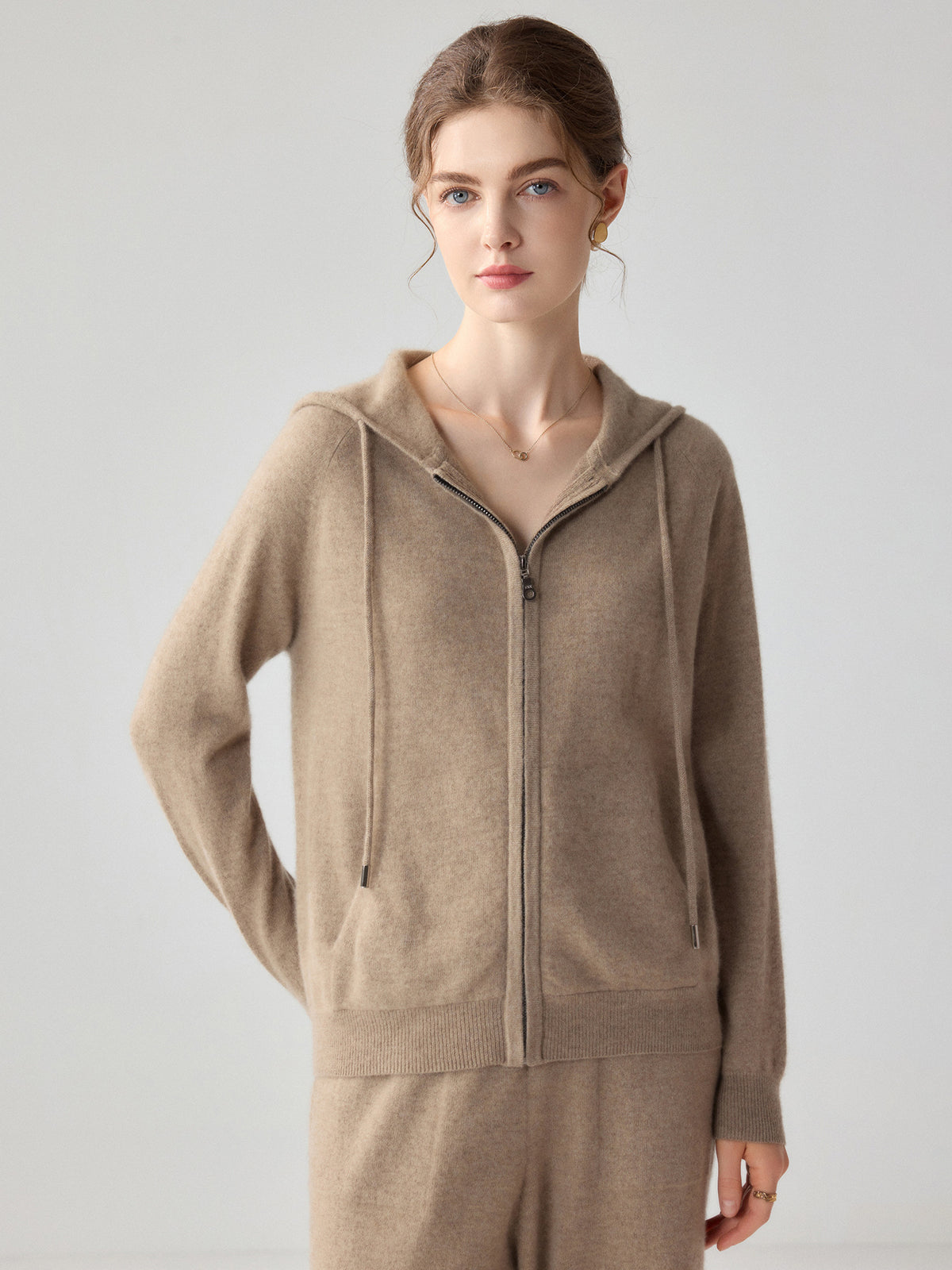 Brown hooded zip-up cashmere cardigan for women, long sleeves, zip front and pockets