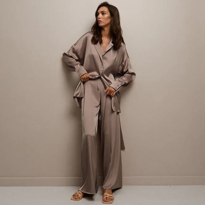 Loose satin-look long pajama pants with tie waist, taupe-brown