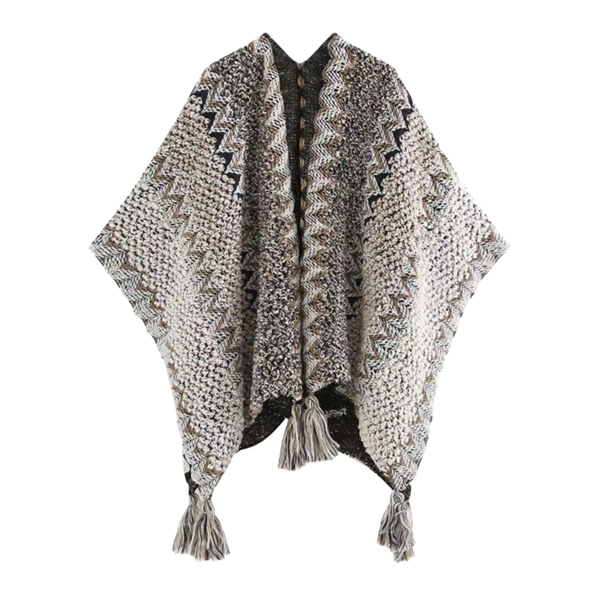 Gray knitted shawl with black zigzag stripe and fringe tassels at edges