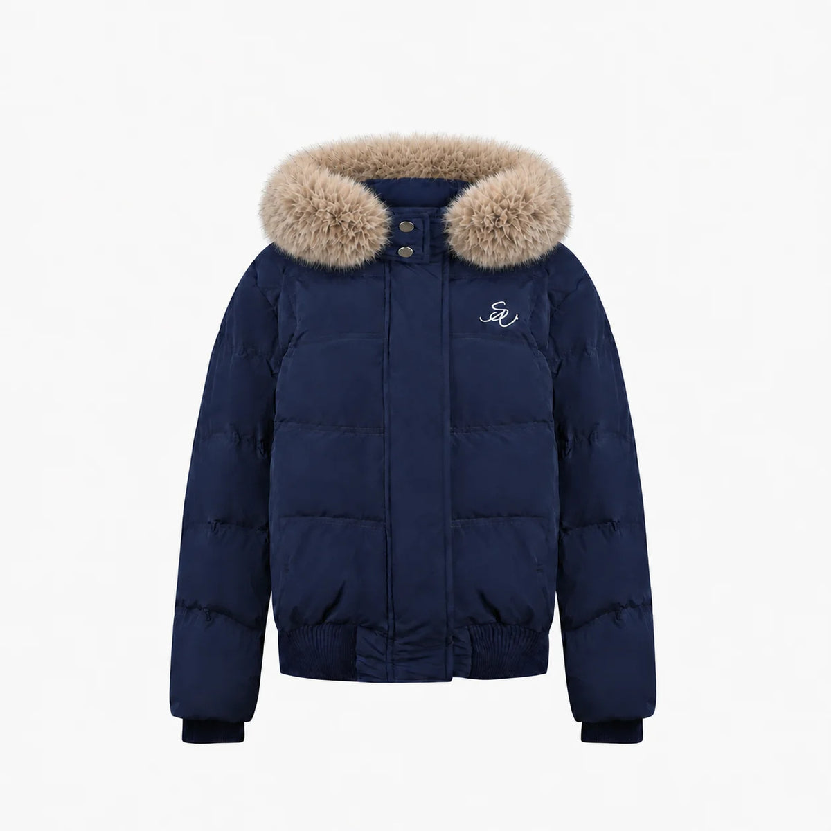 Women's navy hooded puffer jacket with faux-fur collar trim, zip front, quilted design