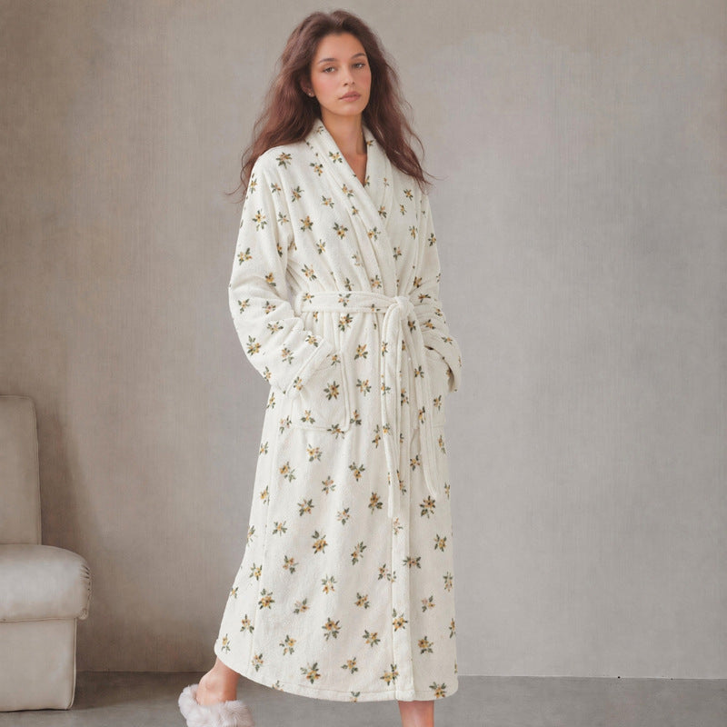 Women’s long flannel bathrobe in off-white with small floral sprig print, belt tie