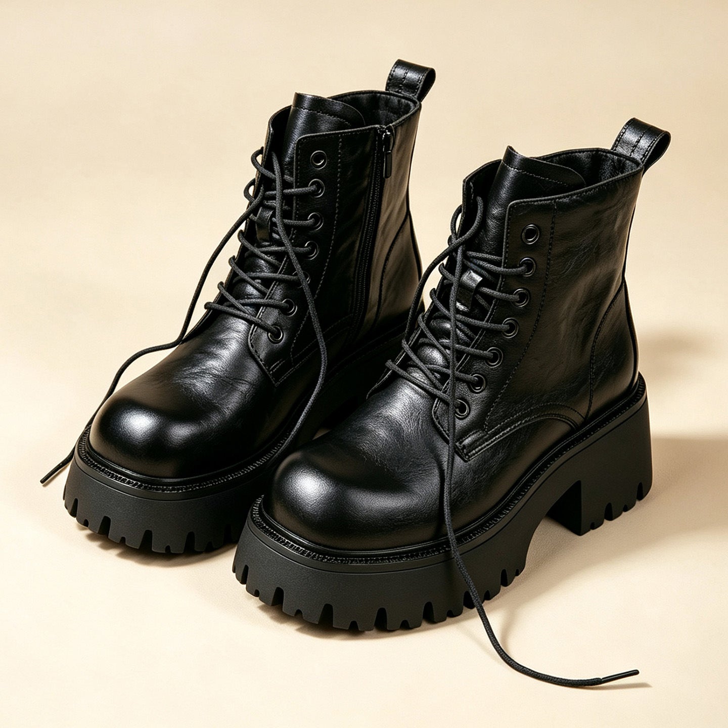 Black lace-up combat ankle boots with chunky platform and deep lug tread