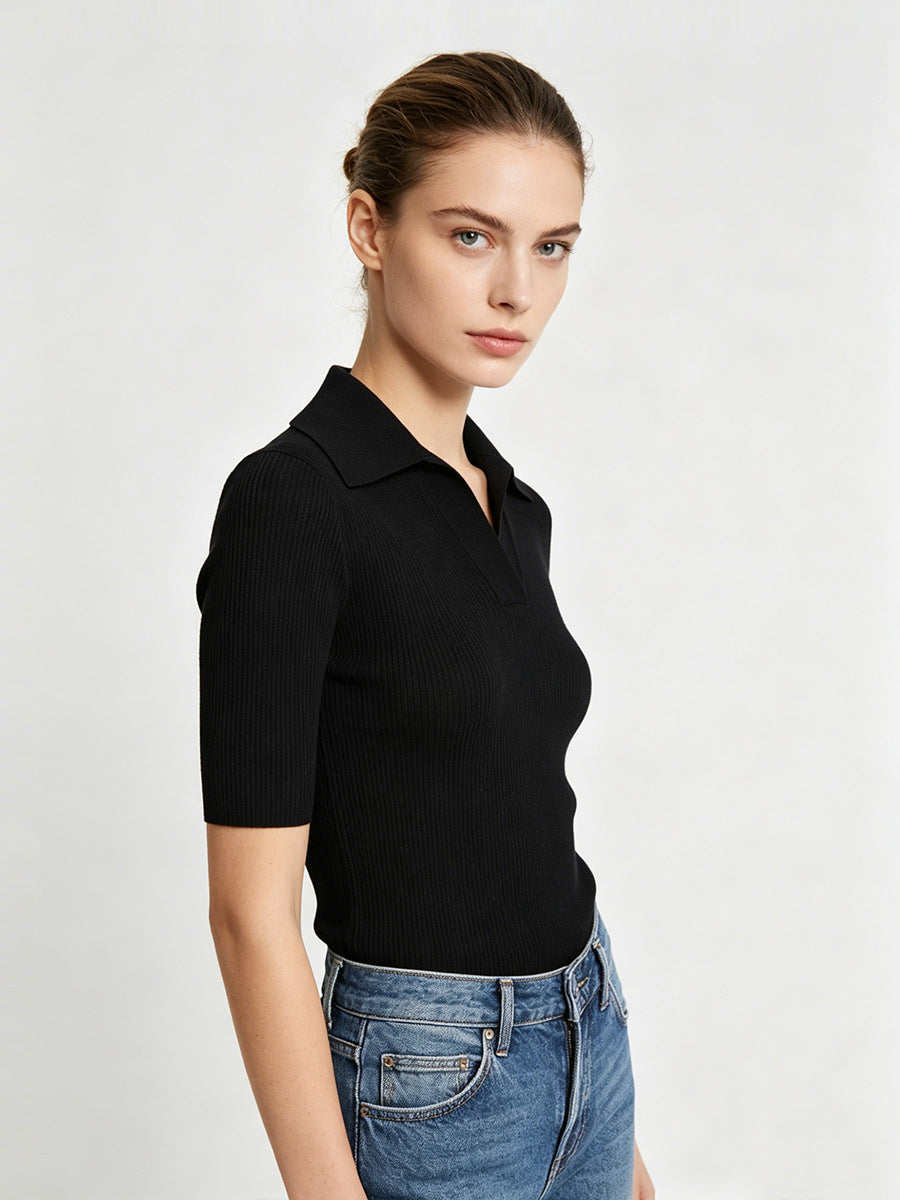 Women's ribbed knit polo top with open collar, short sleeves, black