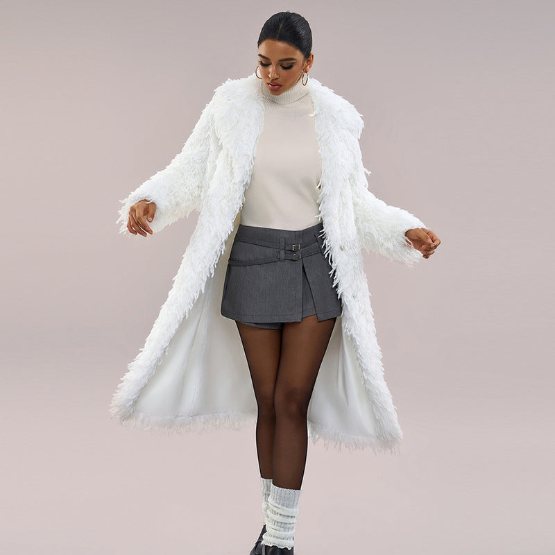 White faux fur long coat with open front, wide sleeves, fluffy shag texture