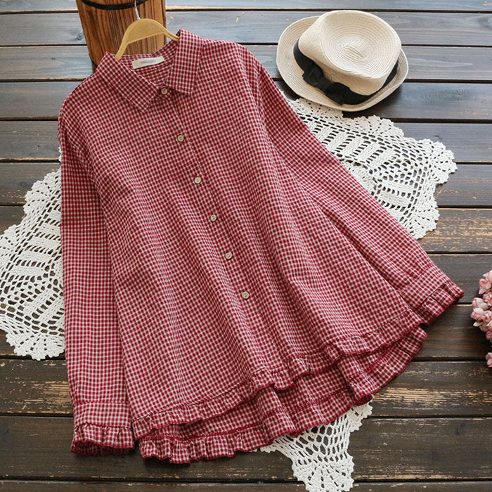 Red plaid oversized shirt with button front and ruffle peplum hem, gathered cuffs