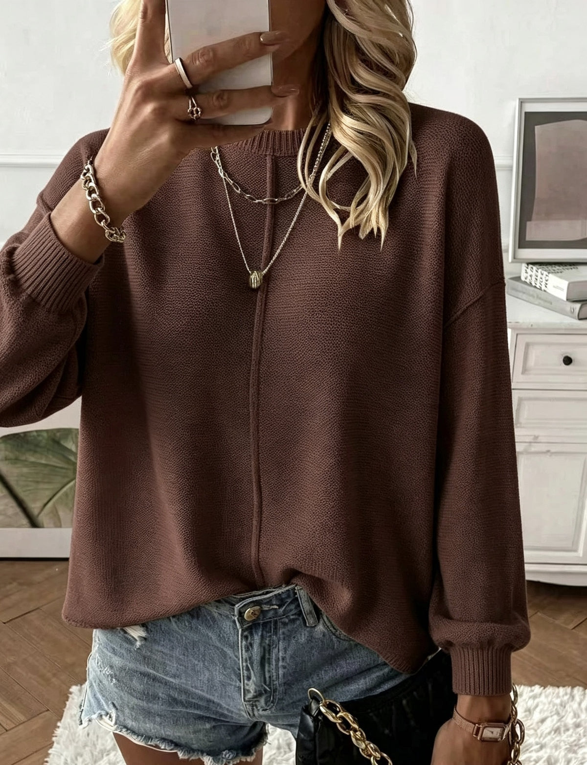 Oversized Knit Sweater for Women — Round Neck Drop Shoulder Pullover in Soft Cotton