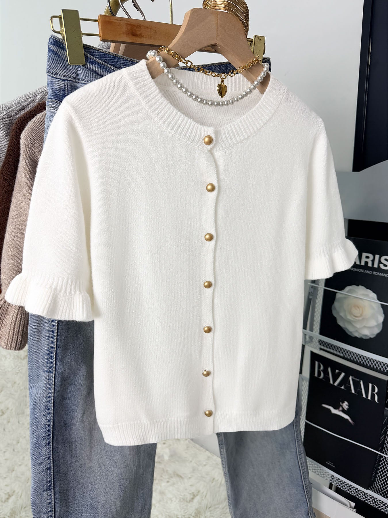 Short Sleeve Knit Cardigan for Women — Button Front Ruffle Cuff Style in Soft Cashmere