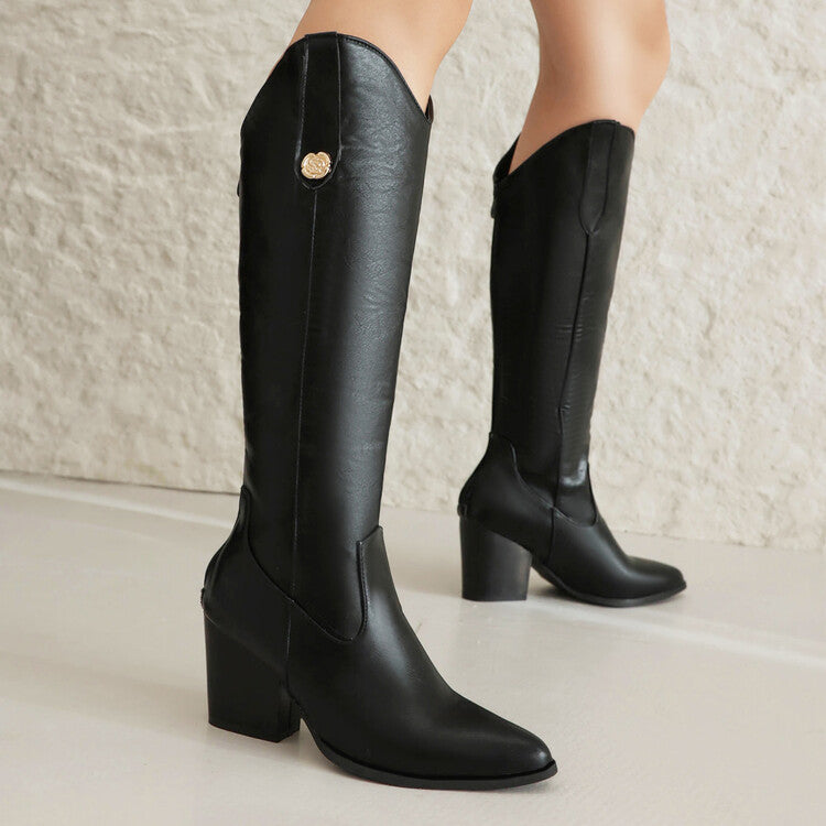Women’s black pointed-toe knee-high cowboy boots with block heel and side medallion