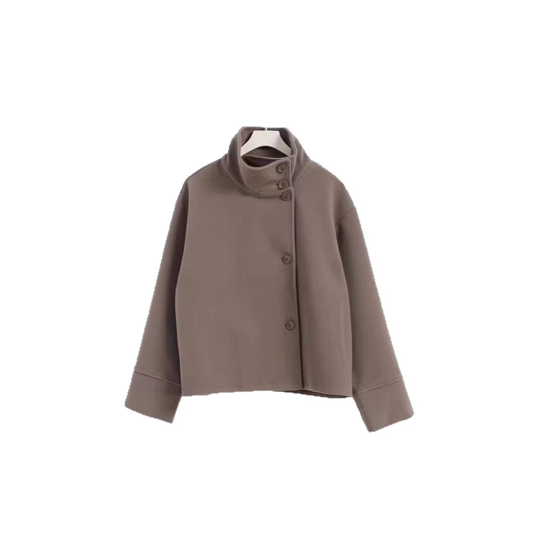 Women's woolen stand-collar button-up jacket, khaki/taupe, long sleeves