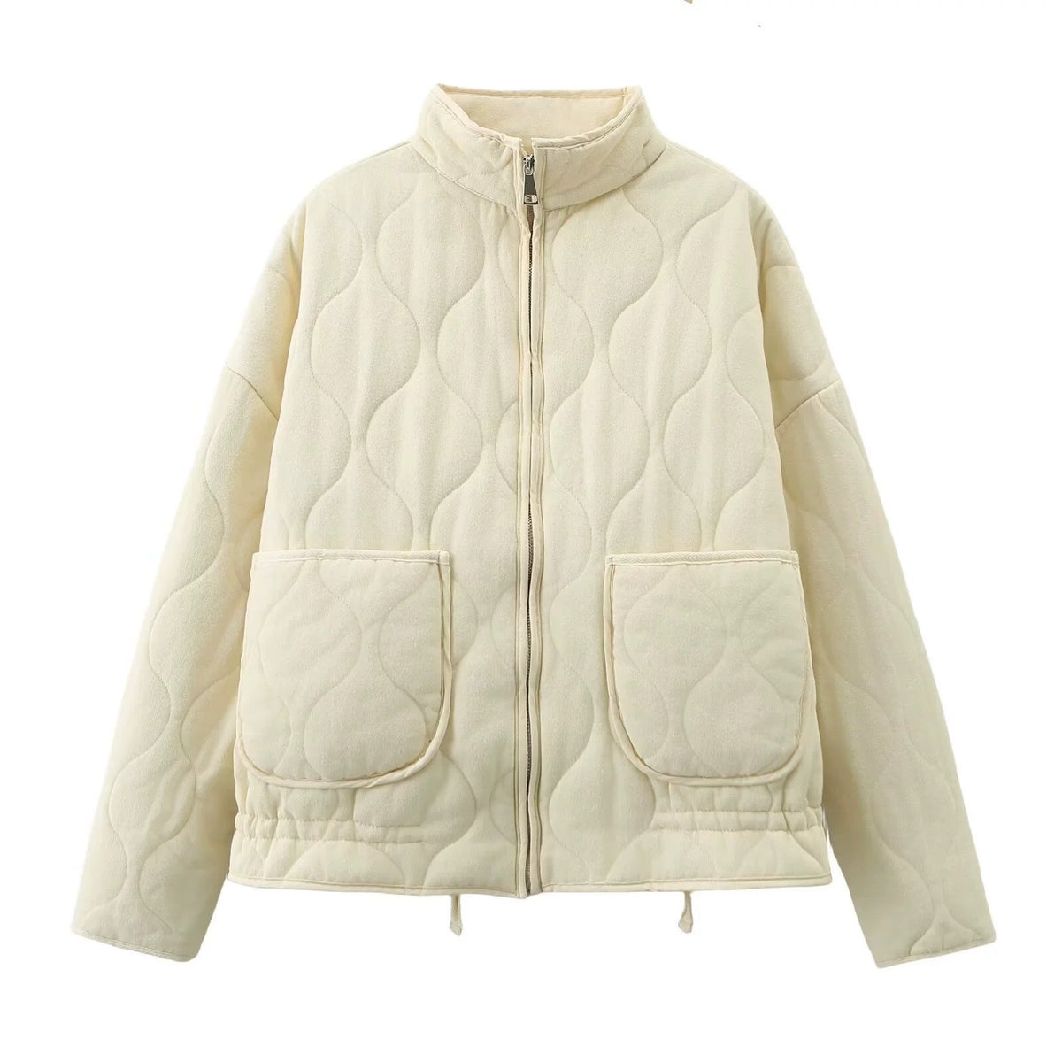 Off-white quilted stand-up collar zip-front baseball jacket with flap pockets and drawstring hem.