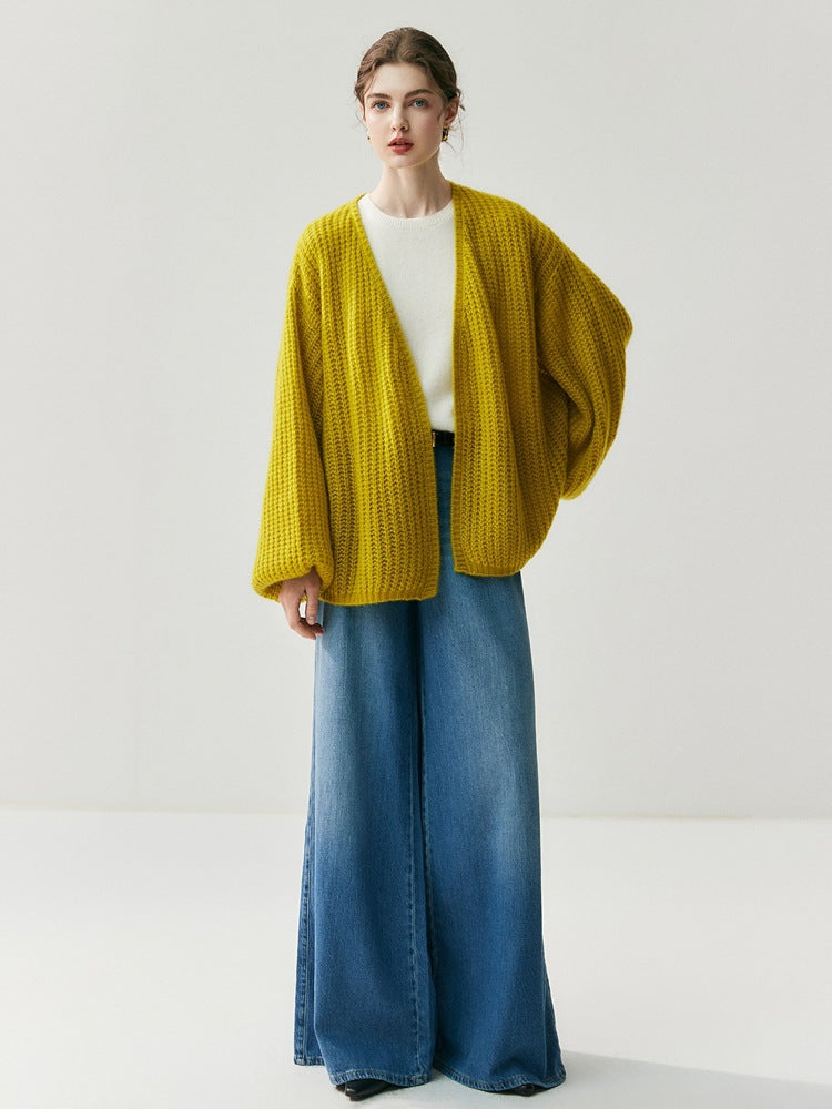 Mustard yellow loose knitted cardigan with ribbed trim and open front