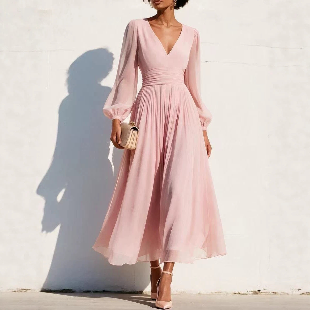 Chiffon Midi Dress for Women — Deep V Neck Pleated Skirt with Long Balloon Sleeves