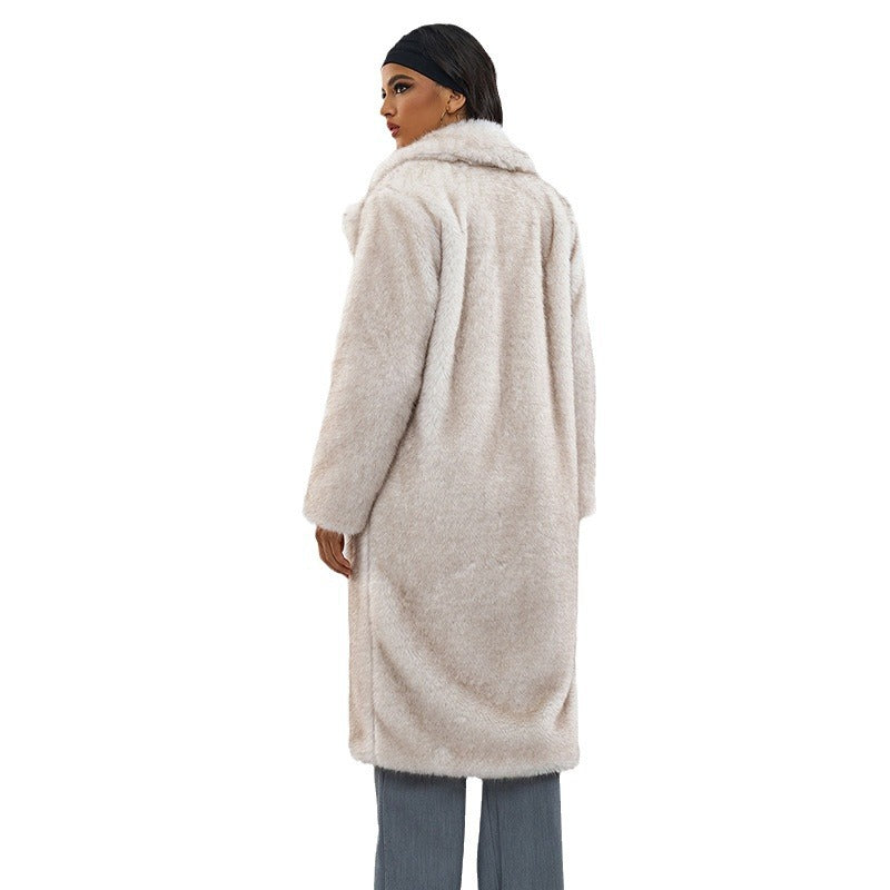 Off-white faux fur long coat, back view with full-length sleeves and rounded hem