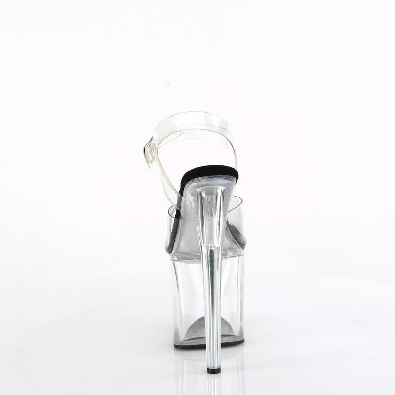 Clear platform high-heel sandal from back, transparent straps and black heel pad