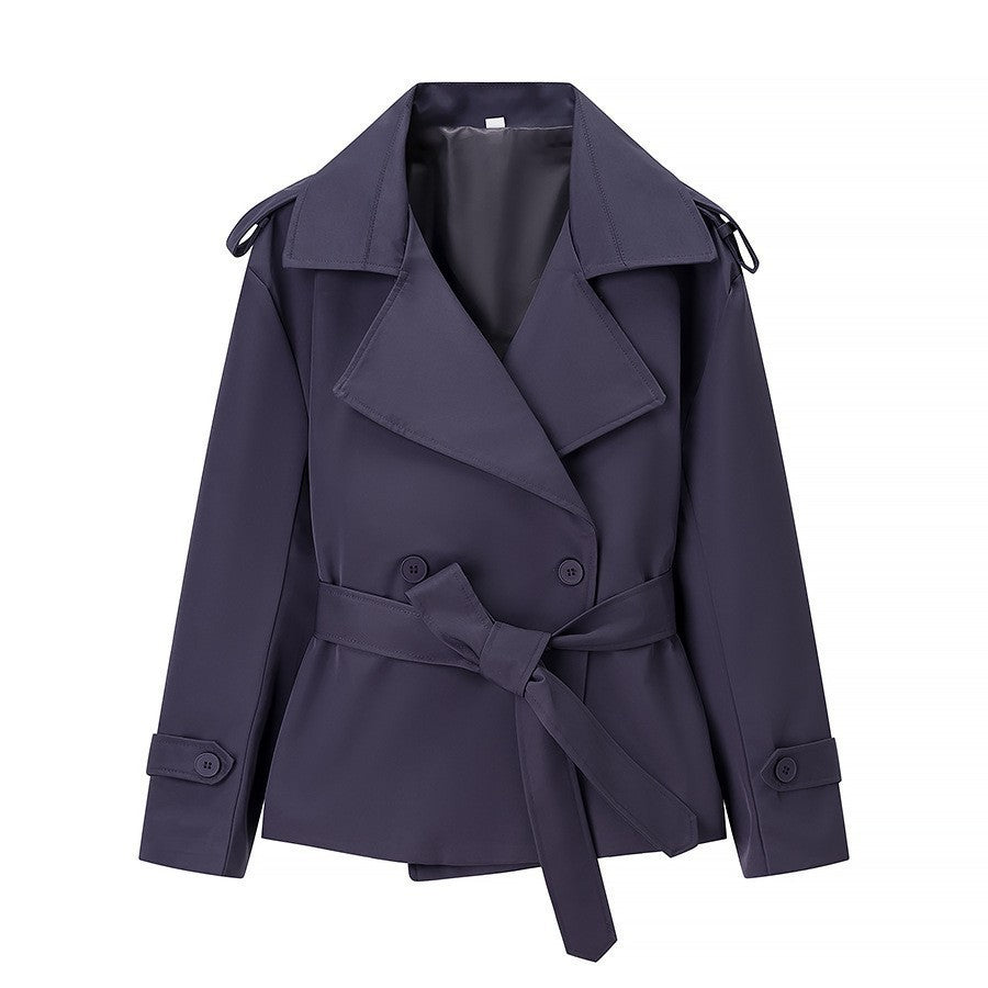 Navy belted trench coat with notched lapels and tied waist, long sleeves