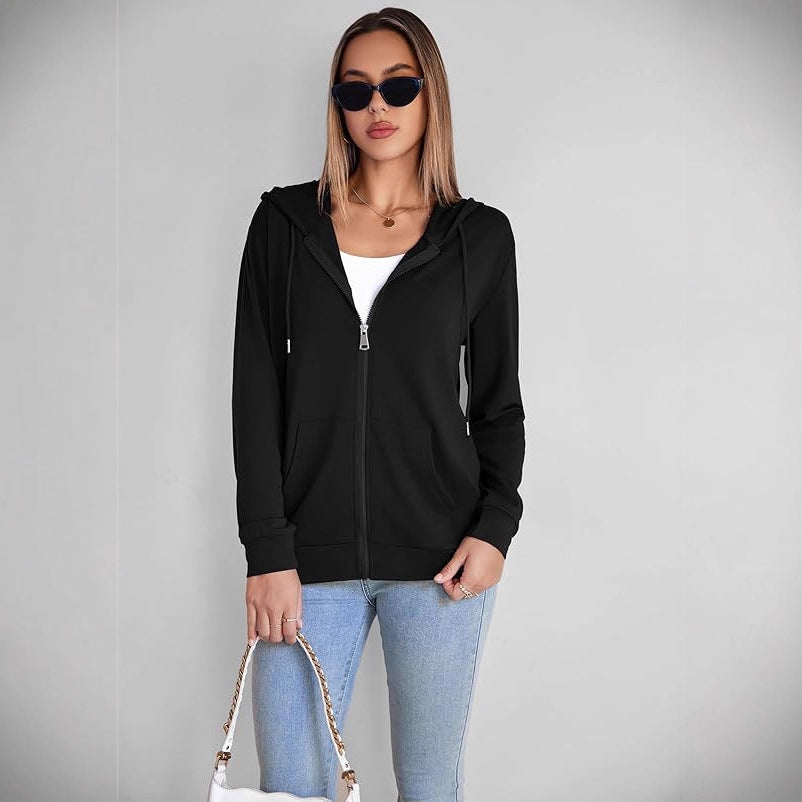 Black zip-up hoodie with hood and front kangaroo pocket