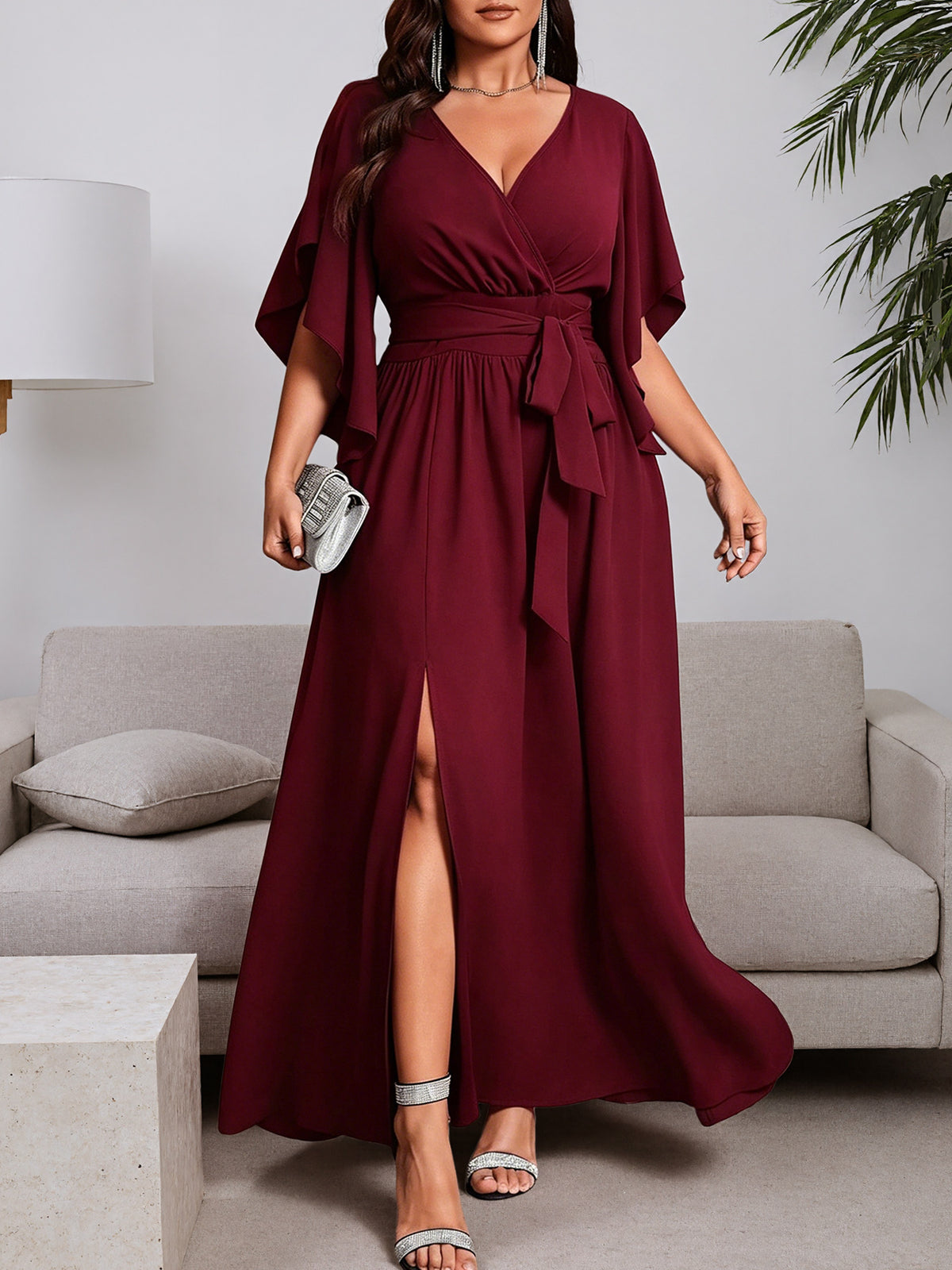 Burgundy plus-size maxi dress with V-neck, tie waist, side slit, flutter short sleeves
