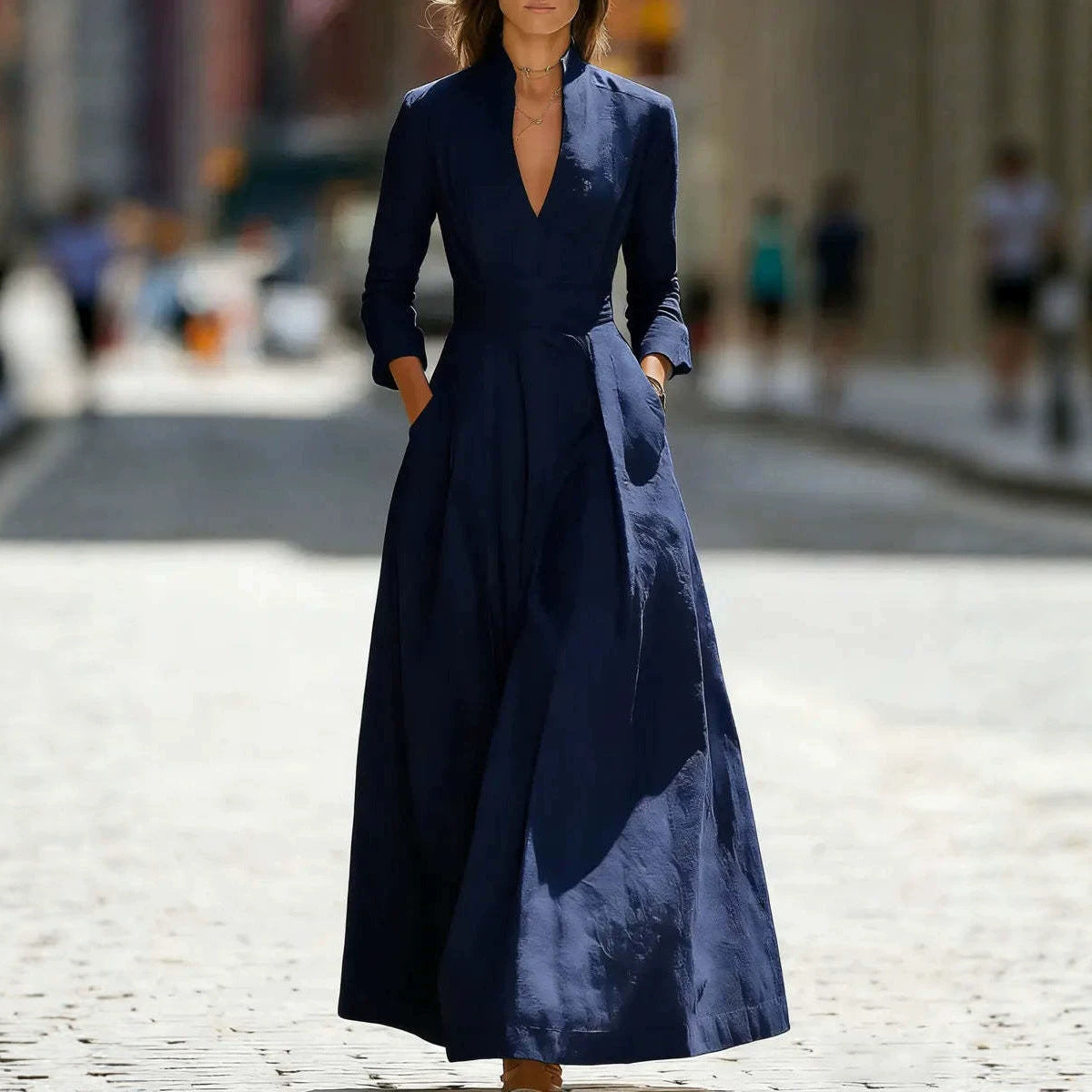 Dark blue V-neck maxi dress with wide belt, long sleeves and full long skirt