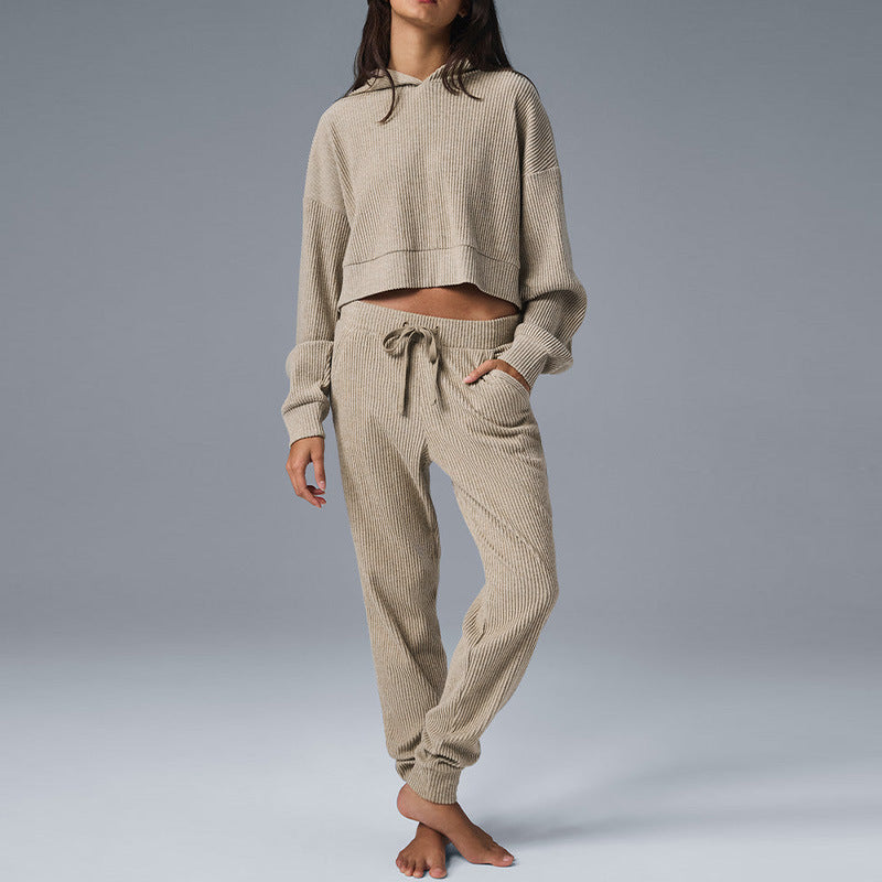 Khaki corduroy hooded pullover sweater and matching jogger pants set, long sleeves