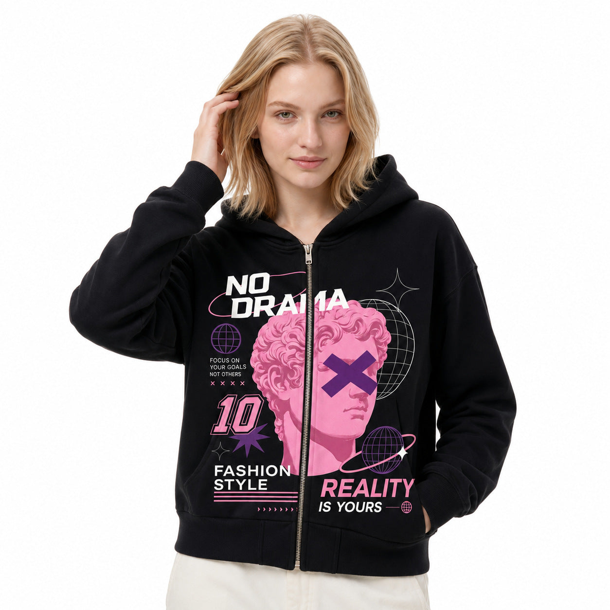 Cropped Zip Up Hoodie for Women — Graphic Streetwear Style in Cotton Fleece