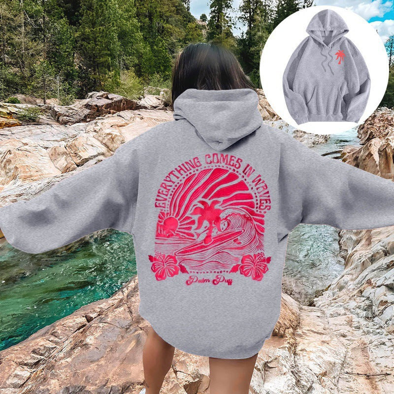 Surf Graphic Hoodie for Women — Oversized Back Print Pullover in Cotton Fleece