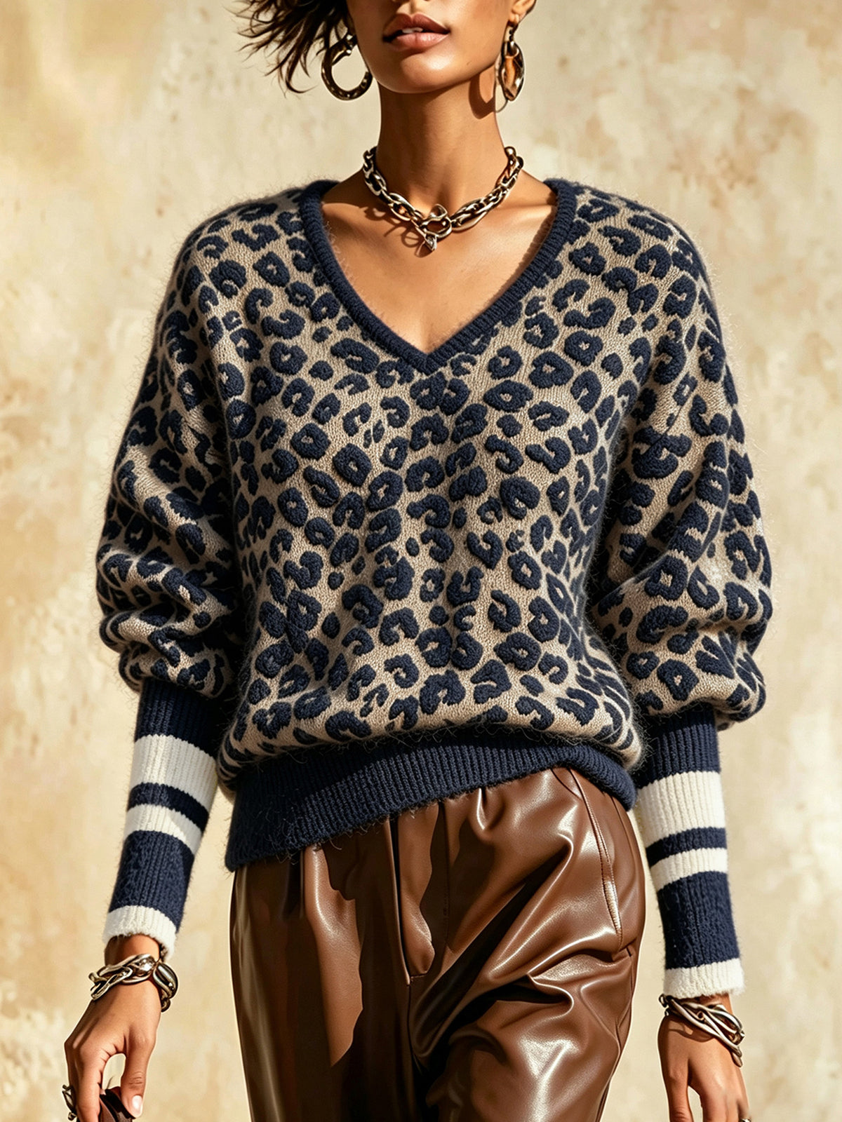Blue leopard print V-neck knit sweater with striped cuffs, ribbed hem, loose fit