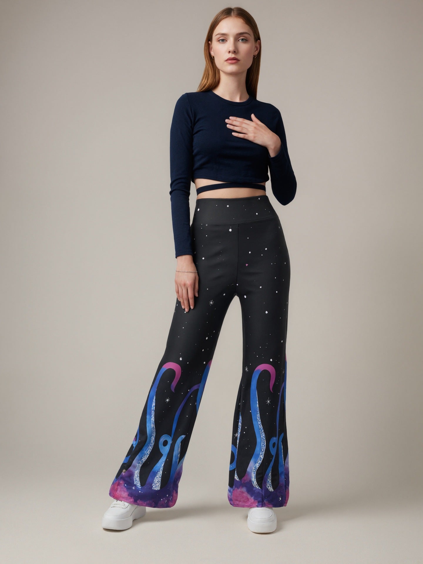 Wide Leg Pants for Women — High Waisted Flare with Graphic Hem Print in Polyester