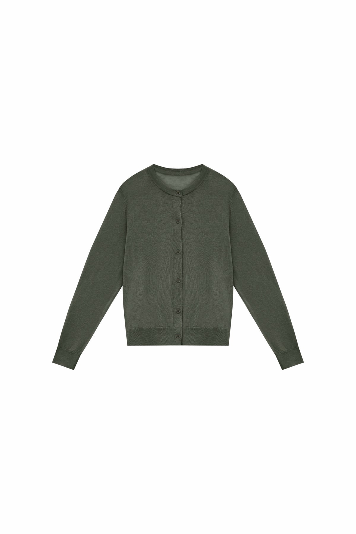 Grayish green water-soluble wool blend cardigan, long sleeves, button-front