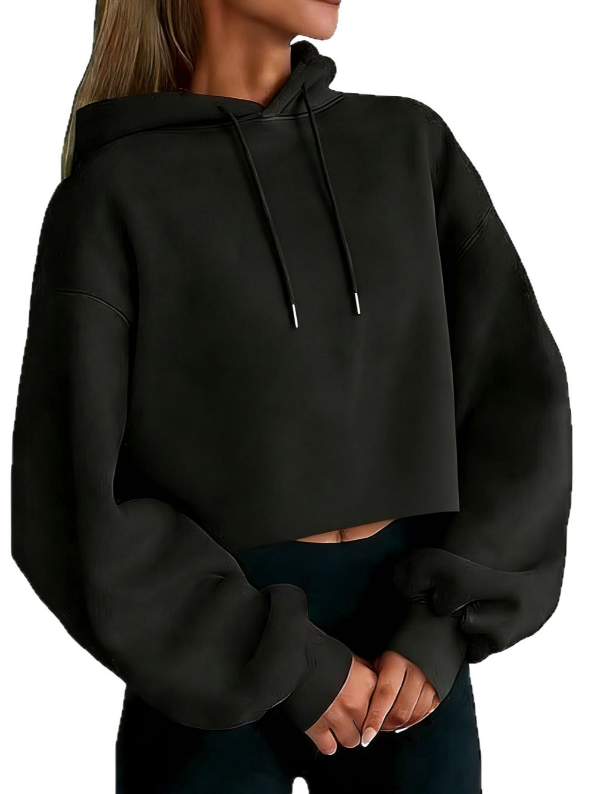 Black cropped hooded sweatshirt with drawstring hood and long sleeves