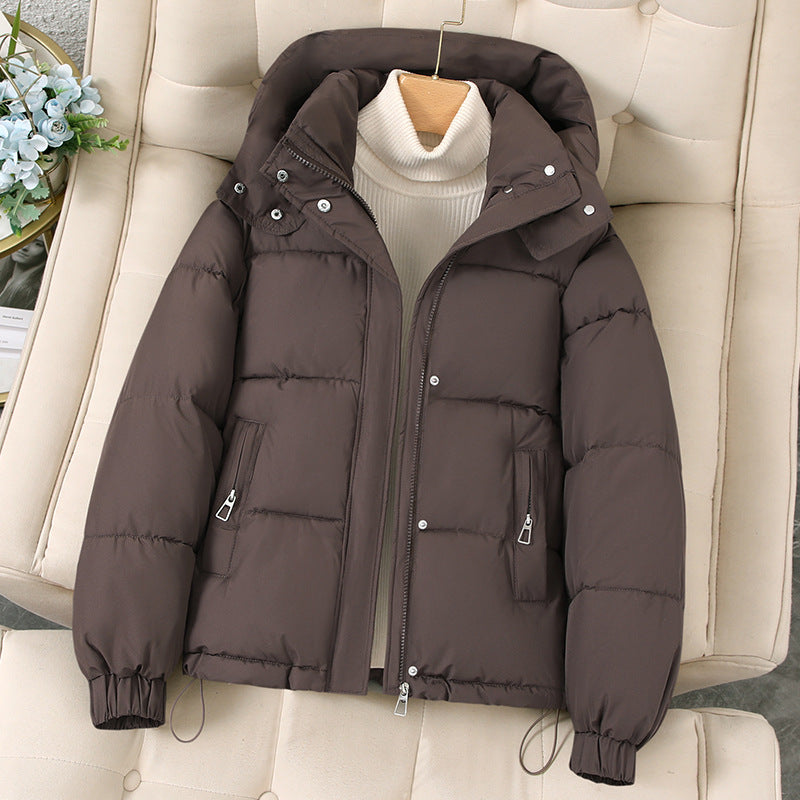 Women’s hooded short puffer jacket, dark brown, full zip with snap placket and side zipper pockets