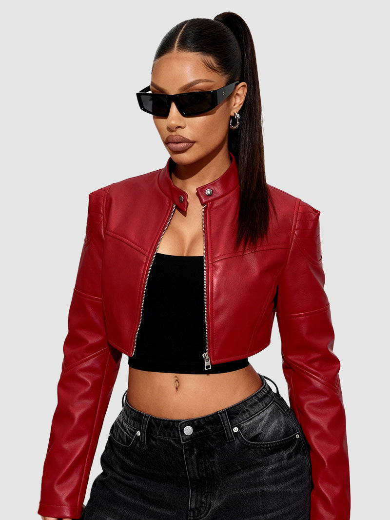 Cropped red moto biker faux leather jacket with zip front and snap collar