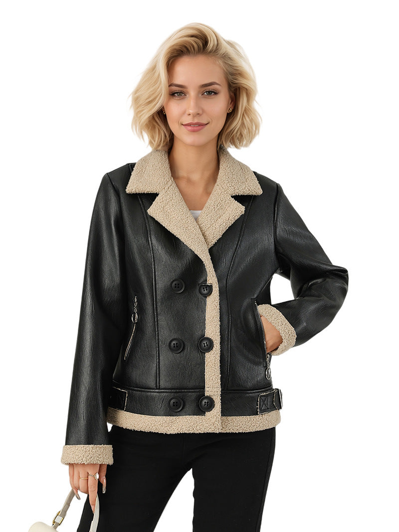 Faux Shearling Jacket for Women — Double Breasted Moto Style in Faux Leather