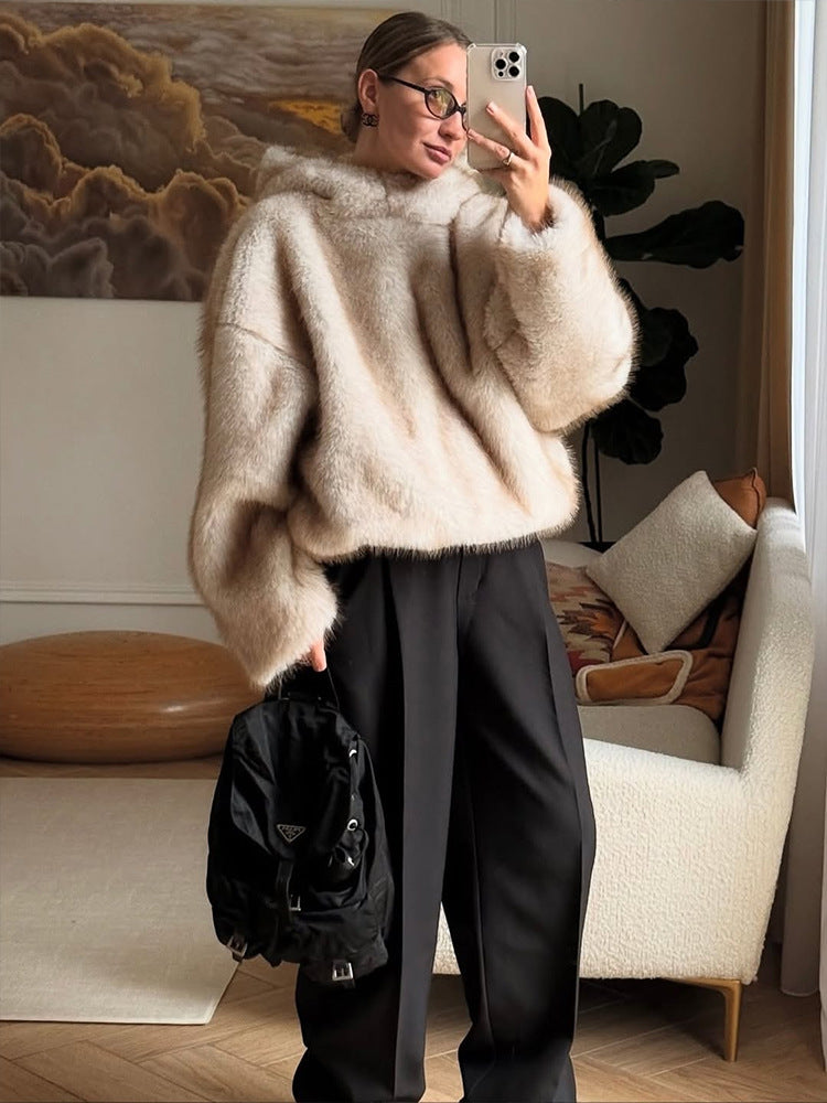 Women’s off-white faux fur hooded pullover top with wide sleeves
