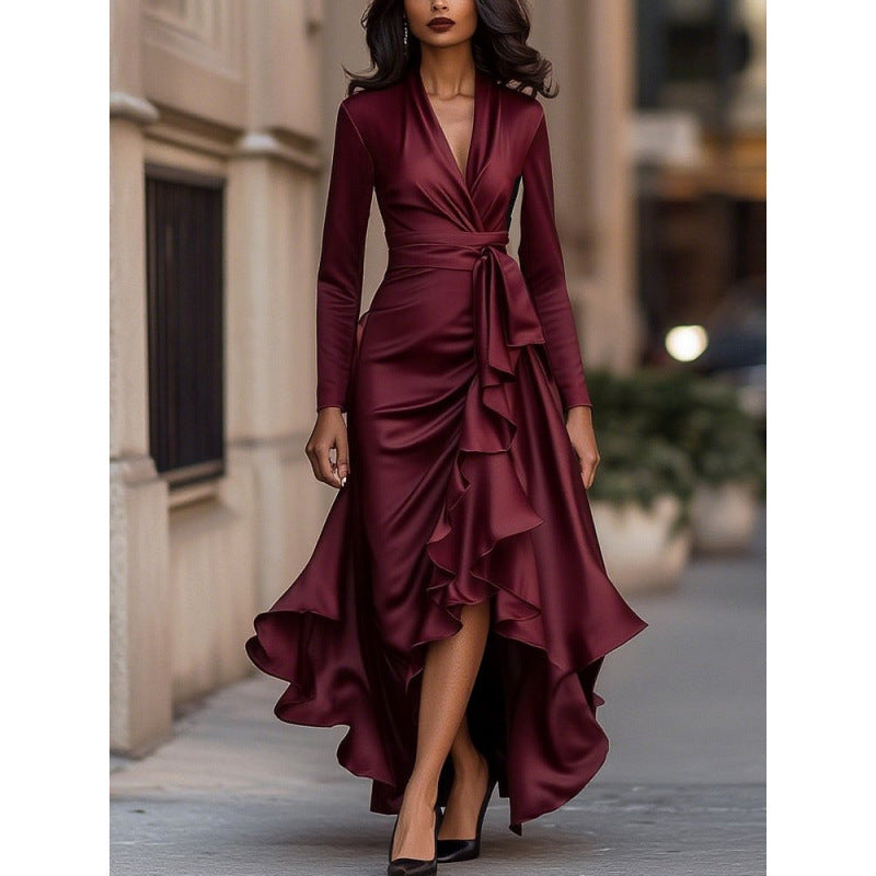 Wine red V-neck wrap dress coat with tie belt and layered waist ruffles, long sleeves