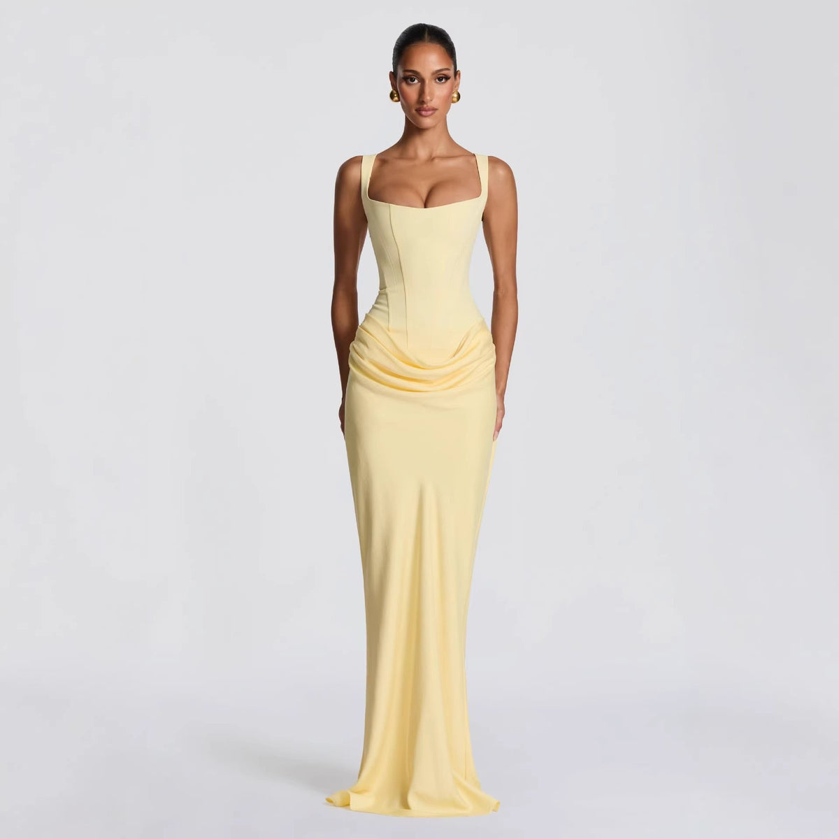 Yellow spaghetti-strap ruched bodycon maxi dress with draped waist