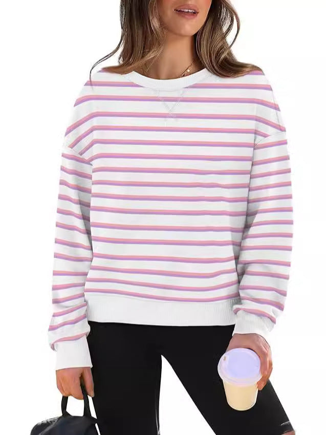 Women's striped crew neck sweater, long sleeves, pink and white horizontal stripes