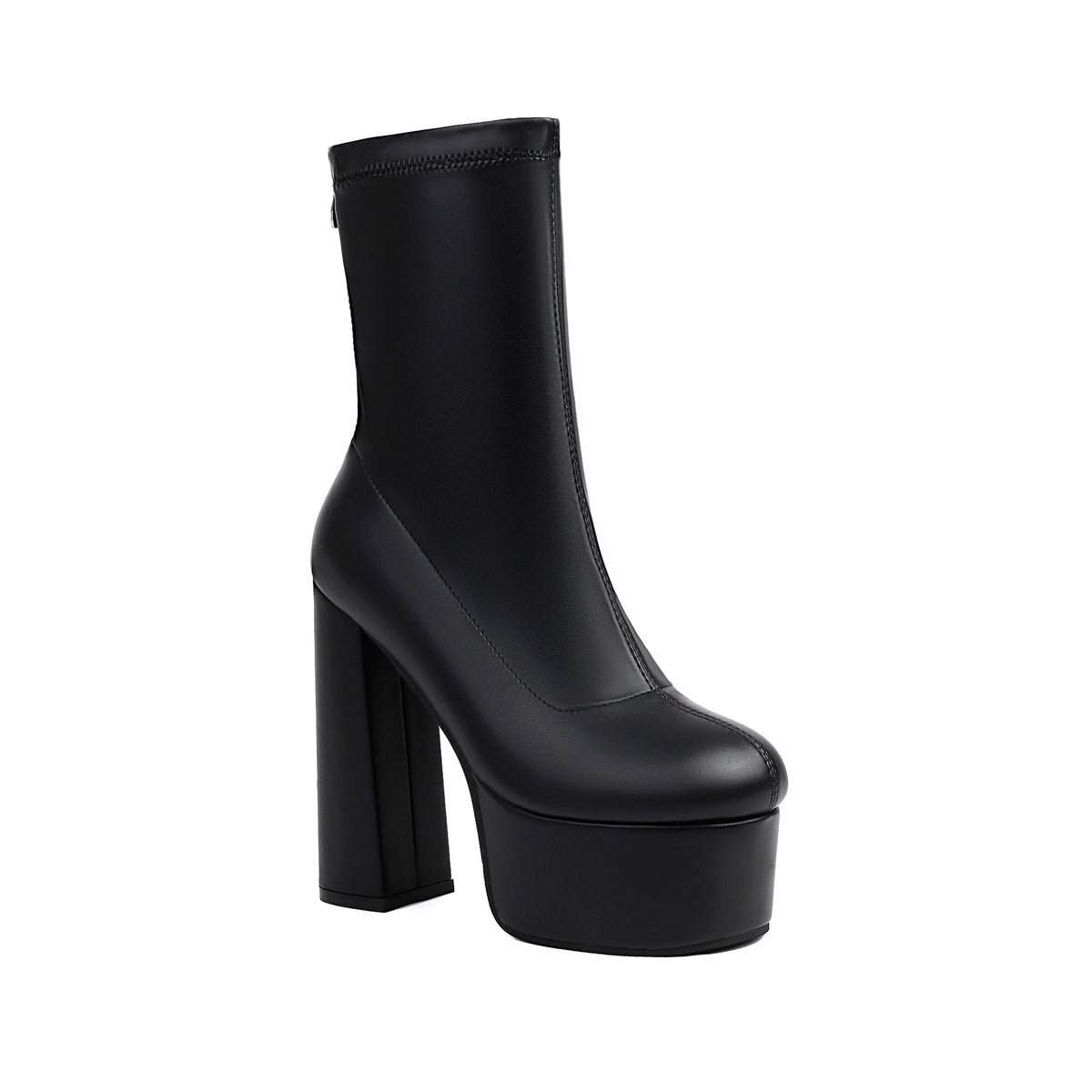 Black women’s platform mid-calf boots with chunky block heel and thick sole