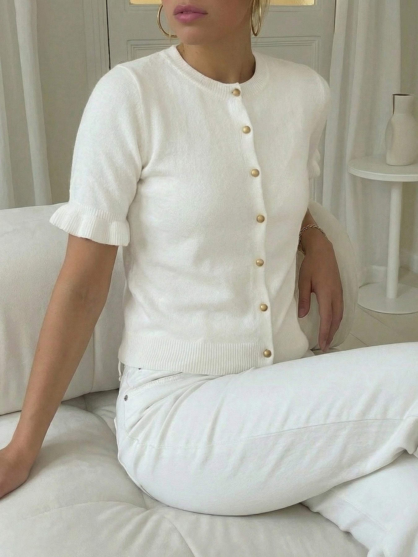 Short Sleeve Knit Cardigan for Women — Button Front Ruffle Cuff Style in Soft Cashmere