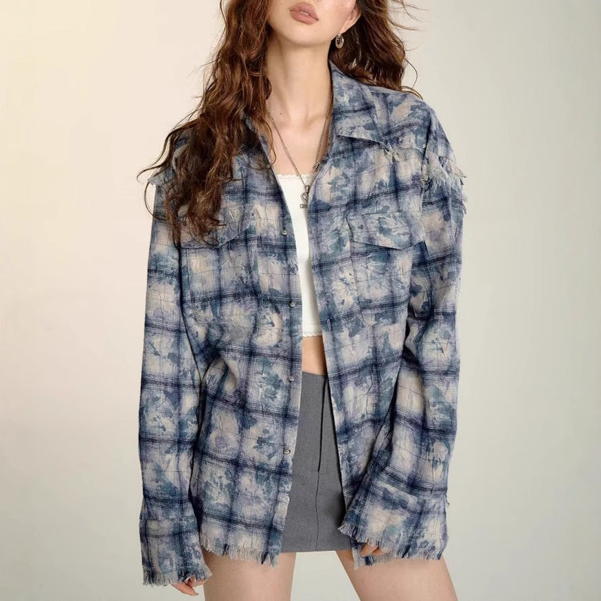 Plaid Shirt for Women — Oversized Tie Dye Wash with Frayed Trims in Lightweight Cotton