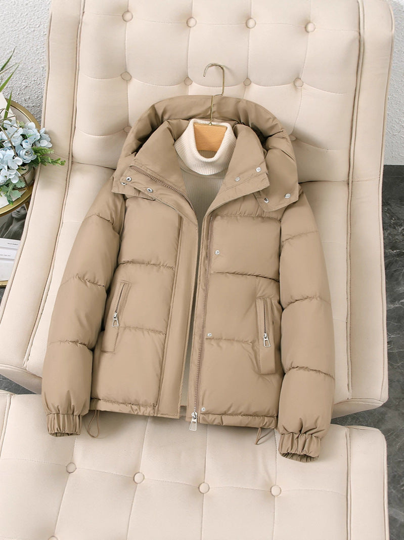 Women’s hooded short puffer jacket, khaki, full zip with snap placket and side zipper pockets